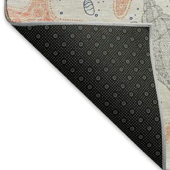 5' X 8' Peach Ivory And Navy Blue Geometric Washable Area Rug With UV Protection
