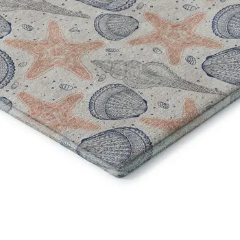 5' X 8' Peach Ivory And Navy Blue Geometric Washable Area Rug With UV Protection