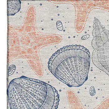5' X 8' Peach Ivory And Navy Blue Geometric Washable Area Rug With UV Protection