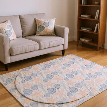8' Peach Ivory And Navy Blue Geometric Washable Round Rug With UV Protection