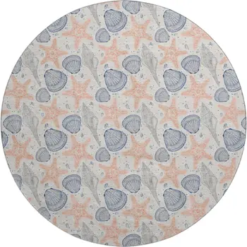 8' Peach Ivory And Navy Blue Geometric Washable Round Rug With UV Protection