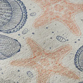 8' Peach Ivory And Navy Blue Geometric Washable Round Rug With UV Protection