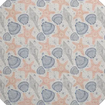 8' Peach Ivory And Navy Blue Geometric Washable Round Rug With UV Protection