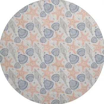 8' Peach Ivory And Navy Blue Geometric Washable Round Rug With UV Protection