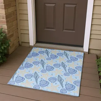 3' X 5' Blue And Beige Geometric Washable Area Rug With UV Protection