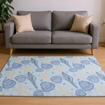5' X 8' Blue And Beige Geometric Washable Area Rug With UV Protection