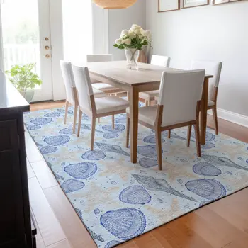 5' X 8' Blue And Beige Geometric Washable Area Rug With UV Protection