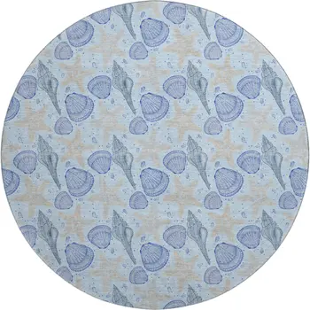 8' Blue And Beige Geometric Washable Round Rug With UV Protection