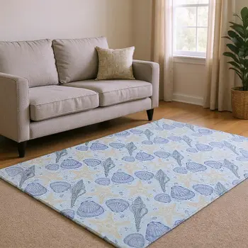 8' X 10' Blue And Beige Geometric Washable Area Rug With UV Protection