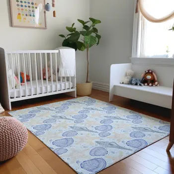 8' X 10' Blue And Beige Geometric Washable Area Rug With UV Protection
