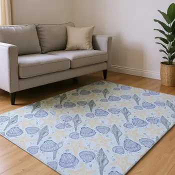 10' X 14' Blue And Beige Geometric Washable Area Rug With UV Protection