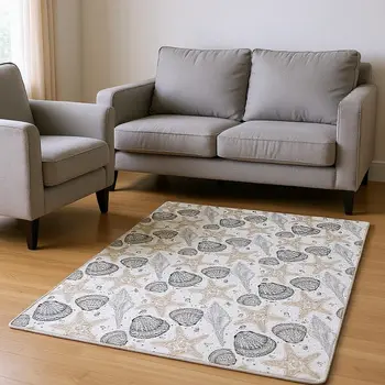 5' X 8' Light Gray And Charcoal Geometric Washable Area Rug With UV Protection