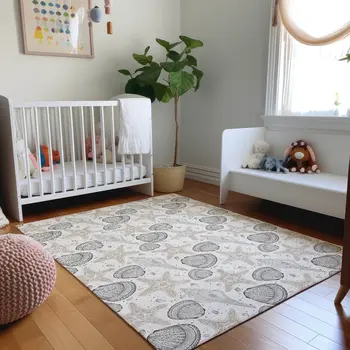 5' X 8' Light Gray And Charcoal Geometric Washable Area Rug With UV Protection