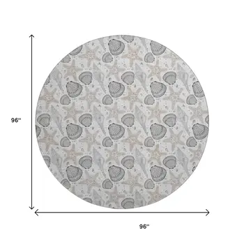 8' Light Gray And Charcoal Geometric Washable Round Rug With UV Protection