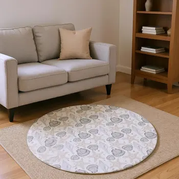 8' Light Gray And Charcoal Geometric Washable Round Rug With UV Protection