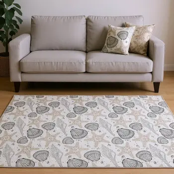 8' X 10' Light Gray And Charcoal Geometric Washable Area Rug With UV Protection