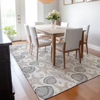 8' X 10' Light Gray And Charcoal Geometric Washable Area Rug With UV Protection