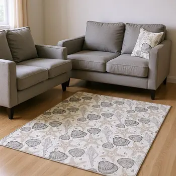 9' X 12' Light Gray And Charcoal Geometric Washable Area Rug With UV Protection