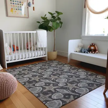 5' X 8' Midnight And Taupe Geometric Washable Area Rug With UV Protection