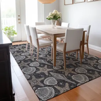 5' X 8' Midnight And Taupe Geometric Washable Area Rug With UV Protection