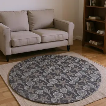 8' Midnight And Taupe Geometric Washable Round Rug With UV Protection
