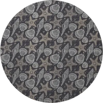 8' Midnight And Taupe Geometric Washable Round Rug With UV Protection