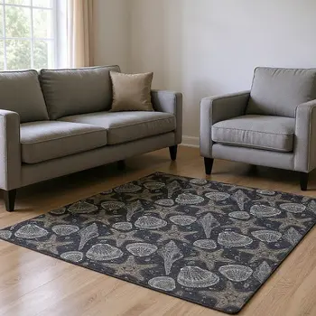 10' X 14' Midnight And Taupe Geometric Washable Area Rug With UV Protection