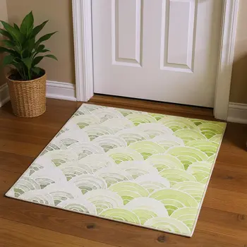 3' X 5' Green Ivory And Gray Geometric Washable Area Rug With UV Protection