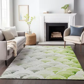 3' X 5' Green Ivory And Gray Geometric Washable Area Rug With UV Protection