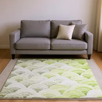 5' X 8' Green Ivory And Gray Geometric Washable Area Rug With UV Protection