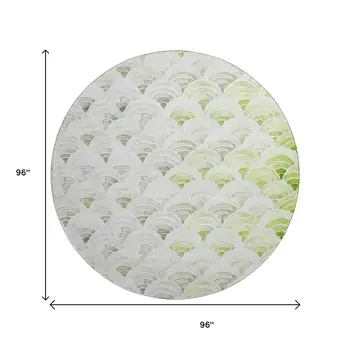 8' Green Ivory And Gray Geometric Washable Round Rug With UV Protection