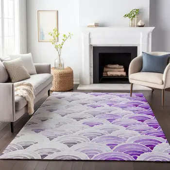 3' X 5' Purple Ivory And Gray Geometric Washable Area Rug With UV Protection