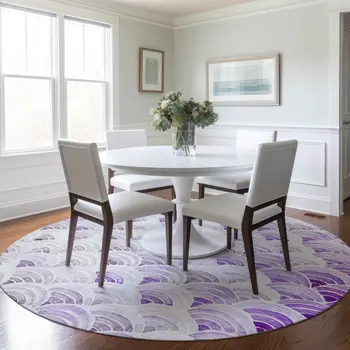 8' Purple Ivory And Gray Geometric Washable Round Rug With UV Protection
