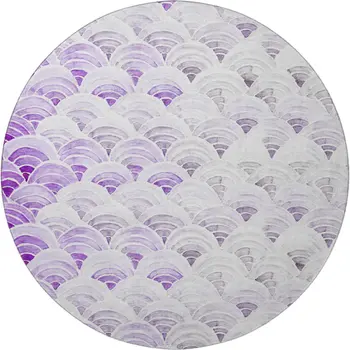 8' Purple Ivory And Gray Geometric Washable Round Rug With UV Protection