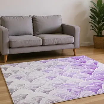 9' X 12' Purple Ivory And Gray Geometric Washable Area Rug With UV Protection