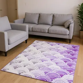 10' X 14' Purple Ivory And Gray Geometric Washable Area Rug With UV Protection