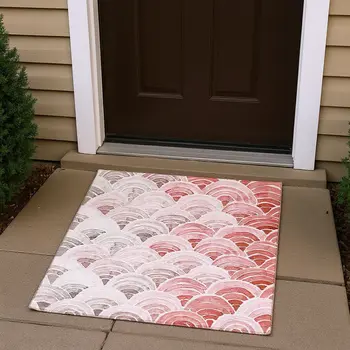 3' X 5' Red Ivory And Gray Geometric Washable Area Rug With UV Protection