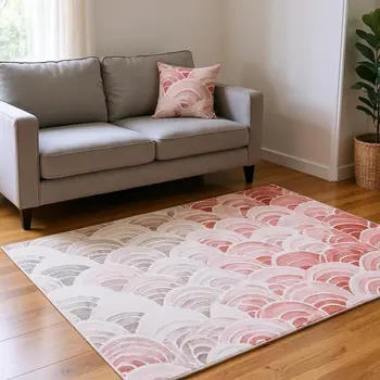 5' X 8' Red Ivory And Gray Geometric Washable Area Rug With UV Protection
