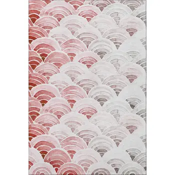 5' X 8' Red Ivory And Gray Geometric Washable Area Rug With UV Protection