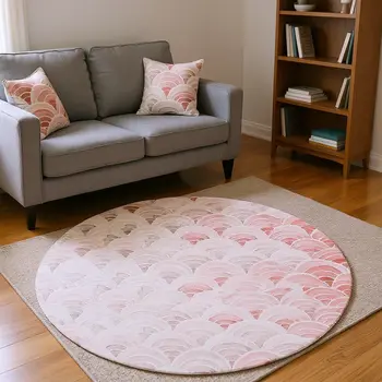 8' Red Ivory And Gray Geometric Washable Round Rug With UV Protection
