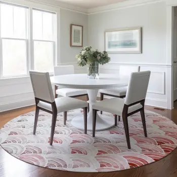 8' Red Ivory And Gray Geometric Washable Round Rug With UV Protection