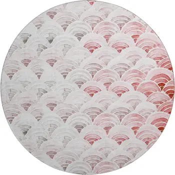 8' Red Ivory And Gray Geometric Washable Round Rug With UV Protection