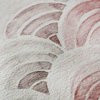 8' Red Ivory And Gray Geometric Washable Round Rug With UV Protection