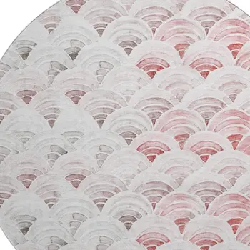 8' Red Ivory And Gray Geometric Washable Round Rug With UV Protection