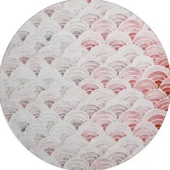 8' Red Ivory And Gray Geometric Washable Round Rug With UV Protection