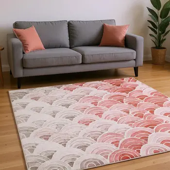 8' X 10' Red Ivory And Gray Geometric Washable Area Rug With UV Protection