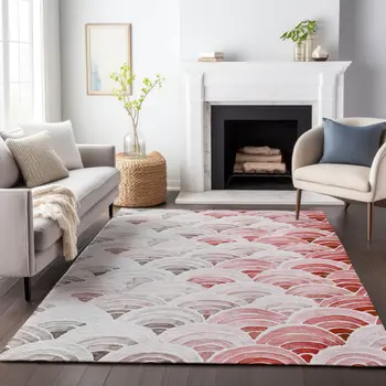 9' X 12' Red Ivory And Gray Geometric Washable Area Rug With UV Protection