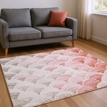 10' X 14' Red Ivory And Gray Geometric Washable Area Rug With UV Protection