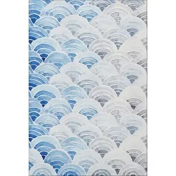 3' X 5' Blue Ivory And Gray Geometric Washable Area Rug With UV Protection