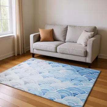 5' X 8' Blue Ivory And Gray Geometric Washable Area Rug With UV Protection